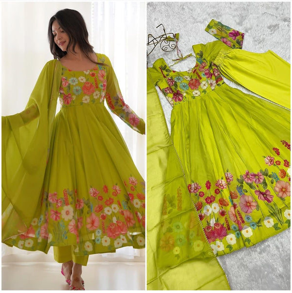 Heavy Organza Silk Fabric With Floral Printed Maxi 3Pcs